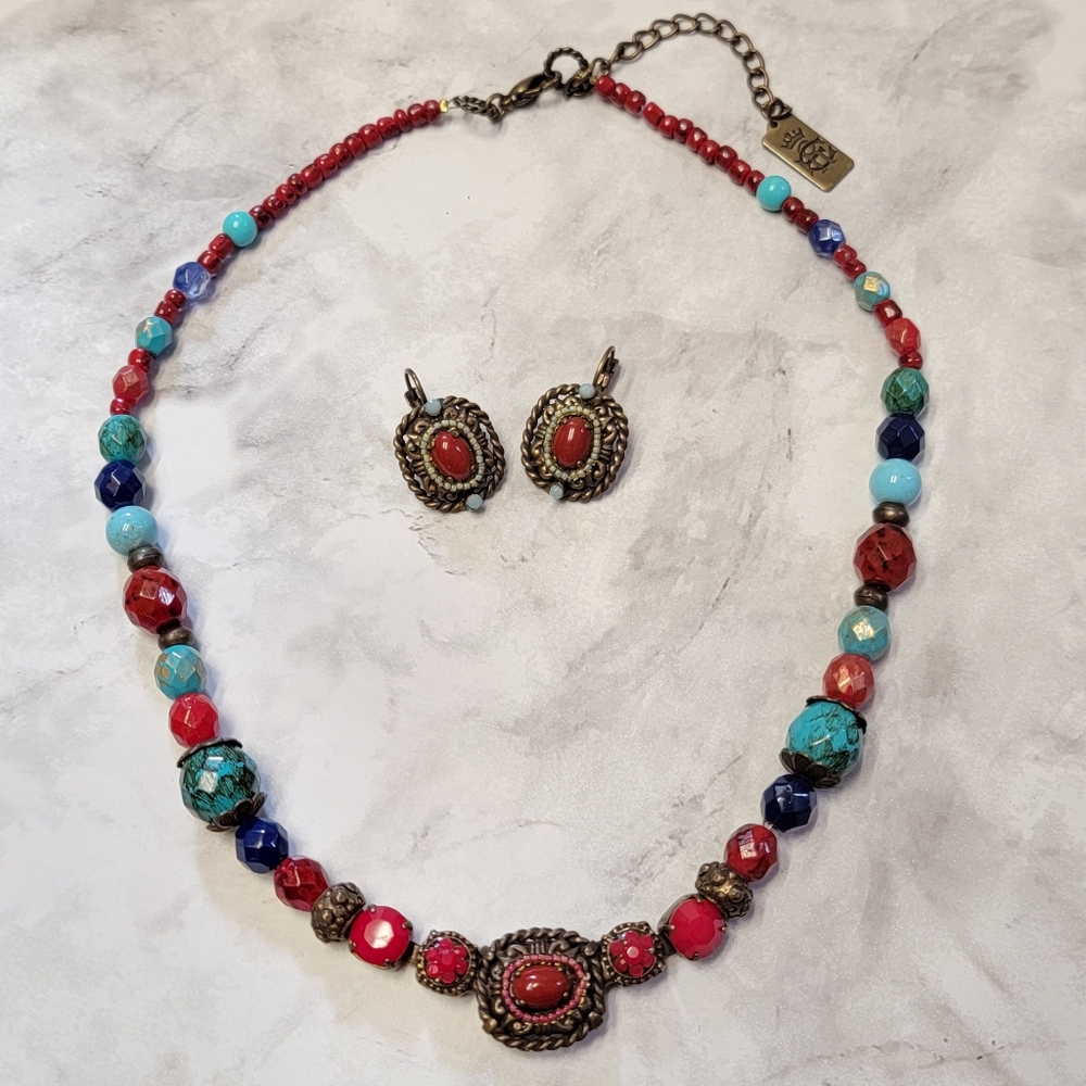Elisabetta Ricciardi Earring Necklace Set Faux Turquoise Coral Brass Tone Beaded